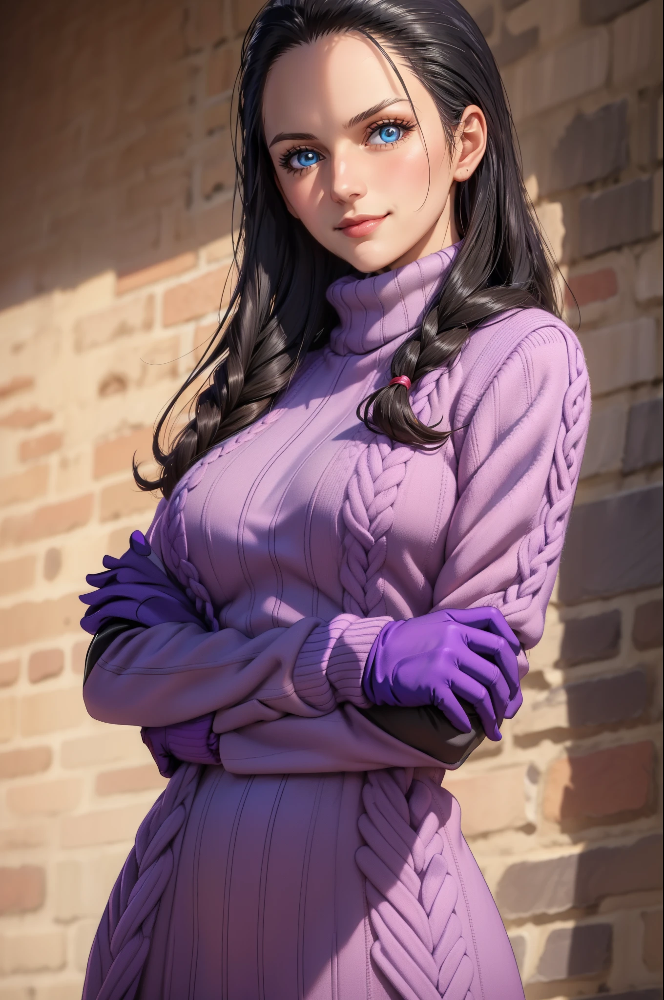 (Masterpiece), 1girl, high quality, best quality, extremely detailed eyes, extremely detailed body, blush, highly detailed, Nico robin, one piece, black hair, blue eyes,  looking at viewer, smile, large breasts, gloves, long sleeves, closed mouth, 1girl, purple jacket, upper body, open clothes, sweater, coat, crossed arms, eyewear on head, brown gloves, ribbed sweater, hair slicked back, purple sweater