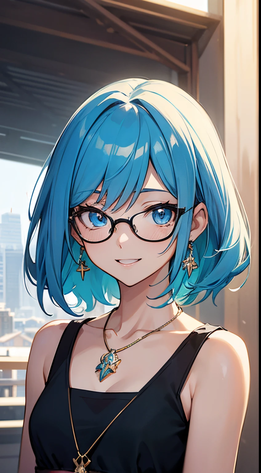 ((masutepiece)), ((Best Quality)), (Ultra-detailed), ((Extremely detailed)), ((UHD)), (8K), Best Quality, (Beautiful), Illustration, watercolor paiting, Anime style, Upper body, Colorful, pop, Focus on the face, city, Town, beautiful women, Solo, neon color, Beautiful BLUE hair, Beautiful dark blue eyes, ((Beautiful eyes)), sidetail, flat breast, tiny chest, Glasses, earrings, Necklace, Laugh Smile,