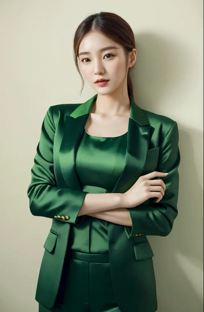 Chinese lady in green suit posing for photo,  wearing green suit，satin suit，light green suit，Korean fashion model, girl in a sui...