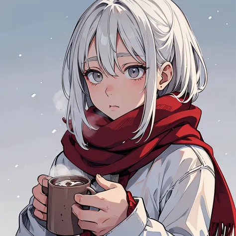((Cozy attire)), ((Cold, snowy background)), ((Grey eyes)), ((White hair)), ((Shy)), ((Holding hot chocolate)), Masterpiece, Looking away, ((Distant)), ((Red scarf))