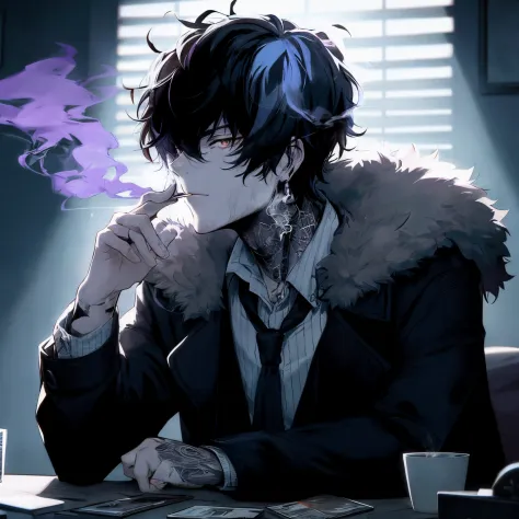 anime - style image of a man smoking a cigarette in a dark room, badass anime 8 k, no tattoos