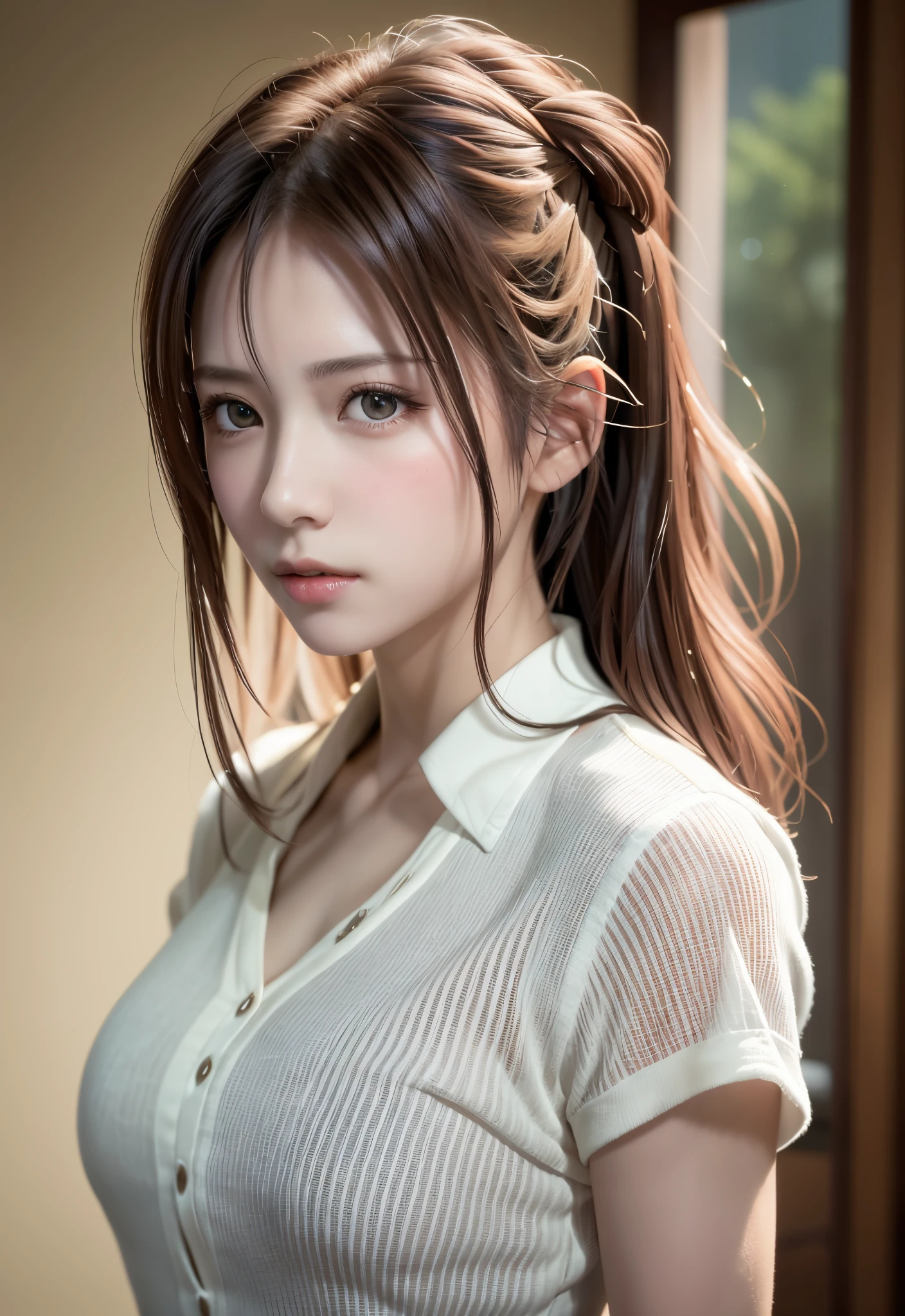 8K, of the highest quality, masutepiece:1.2), (Realistic, Photorealsitic:1.37), of the highest quality, masutepiece, Beautiful young woman, Pensive expression, Sweet look, Sexy white shirt、Hair tied back, Messy mood, Cinematic background, Tired, Light skin tone