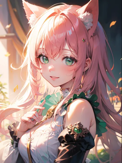 (masterpiece), best quality, ultra high res, sharp focus, a beautiful woman in pink, green eyes, looks at the viewer, cat ears, ...