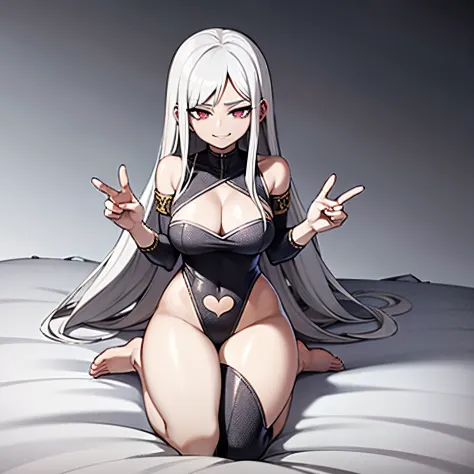 **manhua style, young woman, white hair, dark blue jeans, bottom heavy, full body shot, wide thighs, wide hips, toned belly, long hair, 160cm in height, open clothing, relaxed, bedroom scene, smirk.** - Image #1