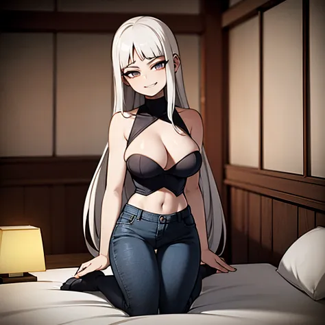 **manhua style, young woman, white hair, dark blue jeans, bottom heavy, full body shot, wide thighs, wide hips, toned belly, long hair, 160cm in height, open clothing, relaxed, bedroom scene, smirk.** - Image #1