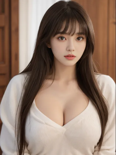 Perfect Body Beauty, huge breast, looking at viewer, straight Bangs, long hair, Mole on Chest