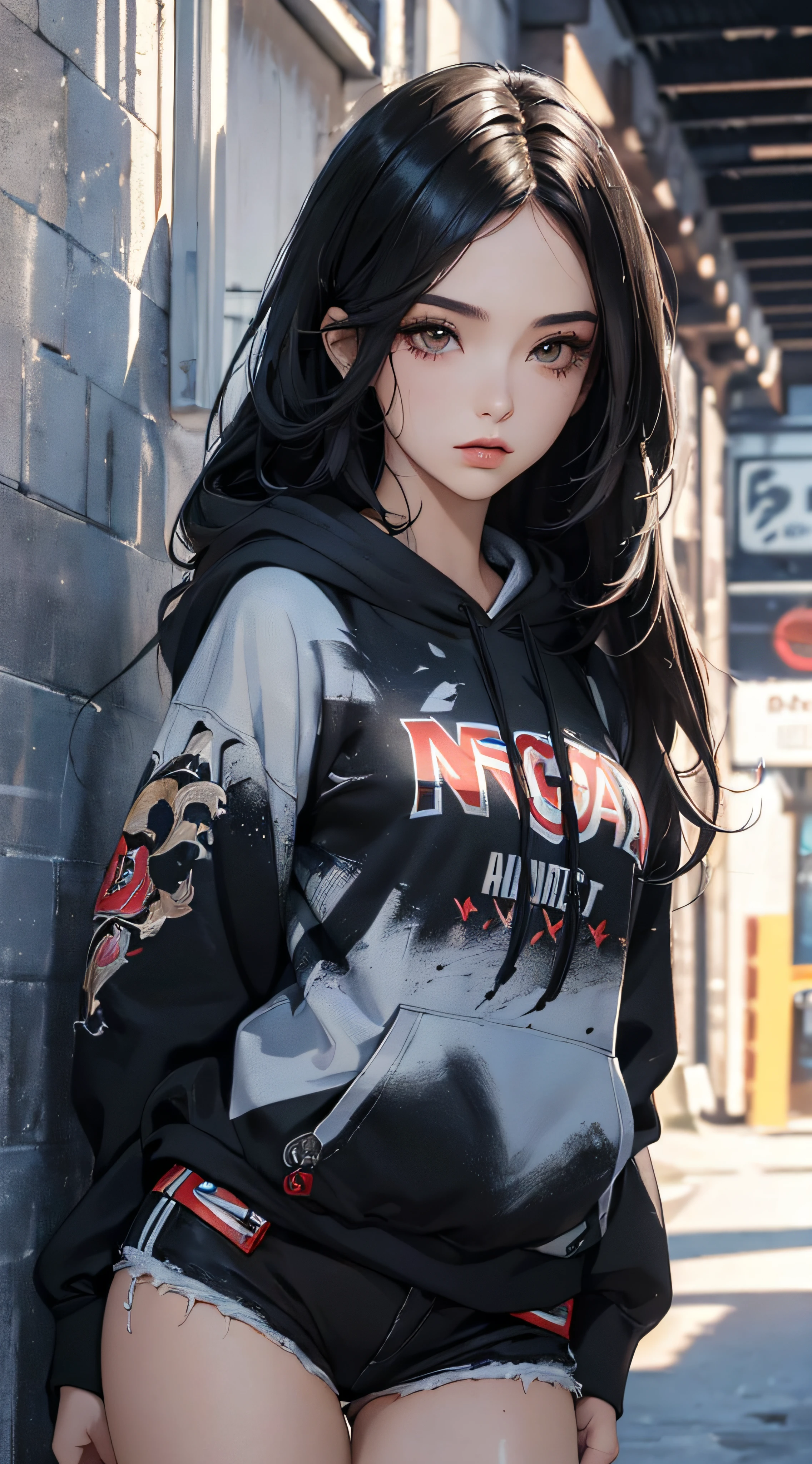 (a very beautiful woman, Street fashion, wearing hoodies, Wearing hot pants), (extra detailed face, Highly detailed black eyes, Contrasting eyes, extra detailed body), (A dark-haired, length hair, de pele branca, eye reflections), (Colorful wall), (high-angle:1.2), hyper realisitic, digitial painting, ((8k wallpaper of extremely detailed CG unit, nffsw, ​masterpiece, hight resolution, top-quality, Anatomically accurate, high détails, Top quality real texture skins)),