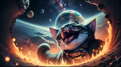 a cartoon of a cat with its mouth open and planets in the background, devouring a planet, alien mouth, cosmic horror style, cosm...