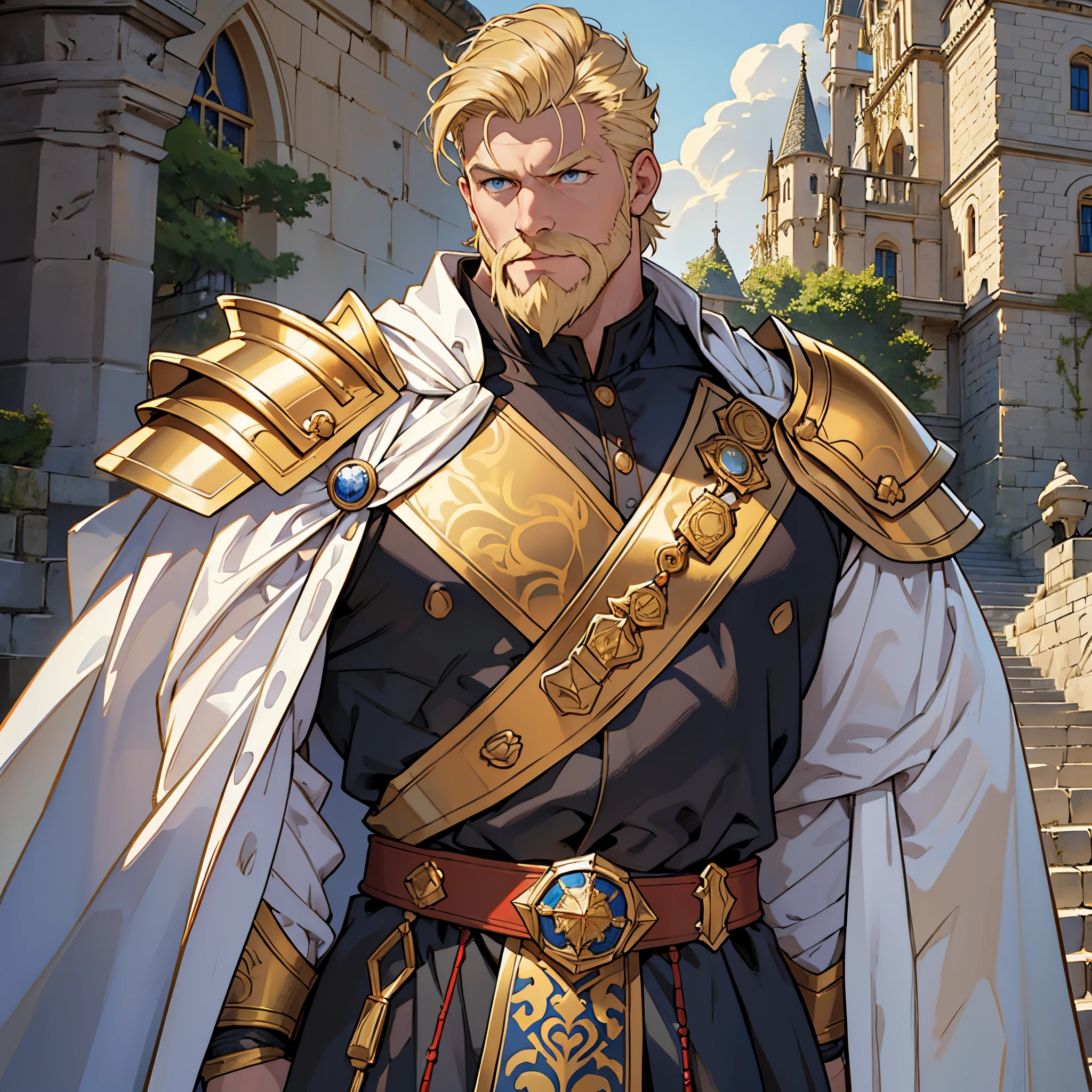 ​masterpiece, Best Quality, 4k, Very detailed, Close-up of a person&#39;Upper body body, Background with:In front of the stairs of a medieval castle built on a lake, A large old emperor wearing golden armor and a white cloak....., Very short blonde male hair with pomade, trimmed beard, Blue Eyes