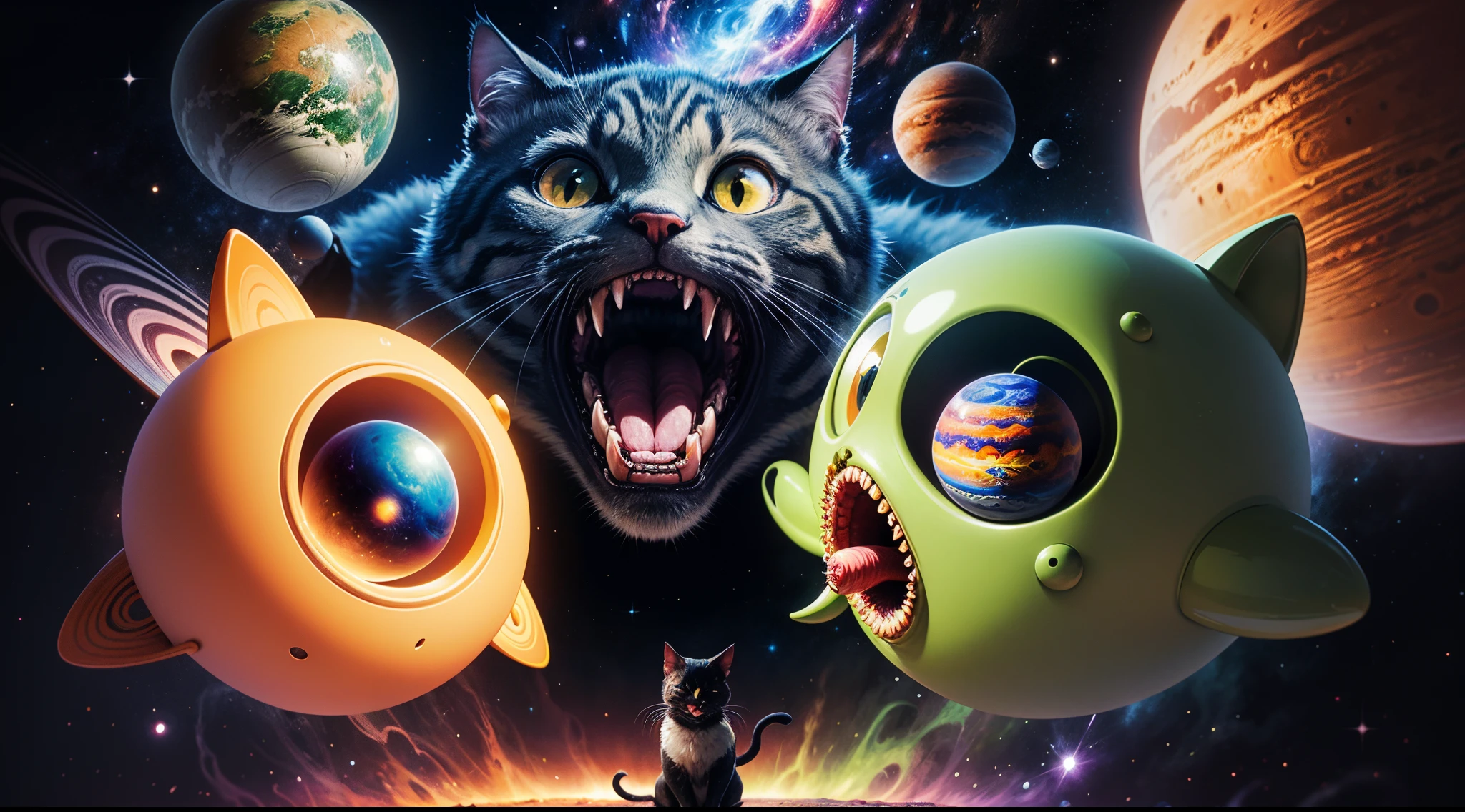 a cartoon of a cat with its mouth open and planets in the background, devouring a planet, alien mouth, cosmic horror style, cosmic horror illustration, psychedelic cosmic horror, cosmic horror!!, outerspace, cosmic lsd poster art, weird space, psychedelic illustration, cosmic horror!!!, feeds on the entire cosmos, giant mouth, space, 3d grainy aesthetic illustration