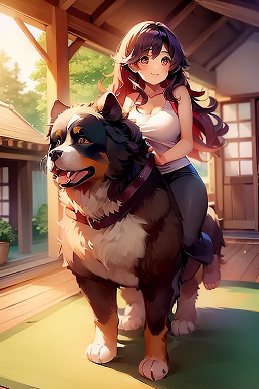 1girl, best quality, masterpiece, cute anime girl riding on a bernese mountain dog \(dog\), barefoot, big butt, big thighs, yoga pants, smiling, red hair, in a house