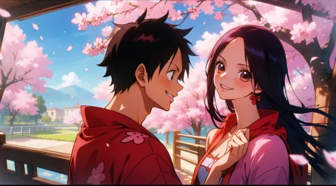 Upper body, vista, panorama, a boy and a girl, looking at each other and laughing, smile, cherry blossoms, petals, sky, campus, ...