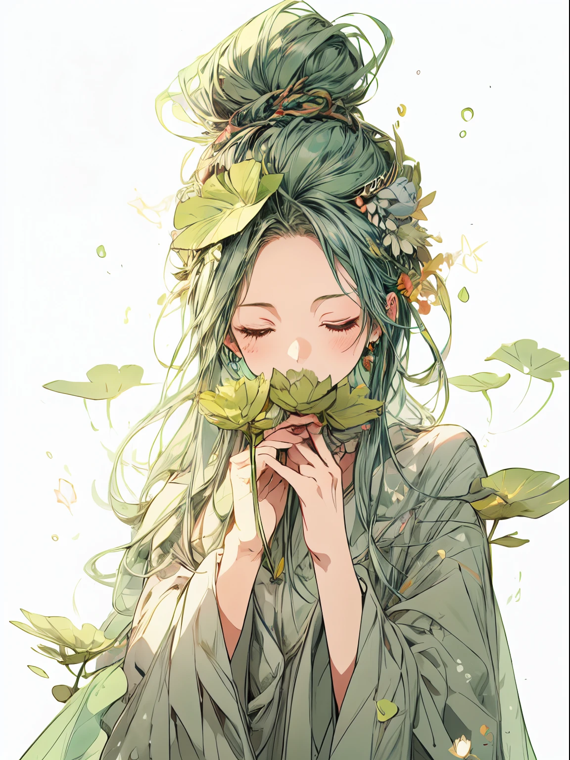 Une fée aux cheveux verts avec un chignon et les yeux fermés tenant un lotus, habillé de vert avec des feuilles, dans le style des personnages de type anime, fleurpunk, garniture aux herbes, forêt