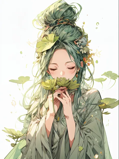 A green hair fairy with hairbun and closed eyes holding a lotus, dressed in green with leaves, in the style of anime-like charac...