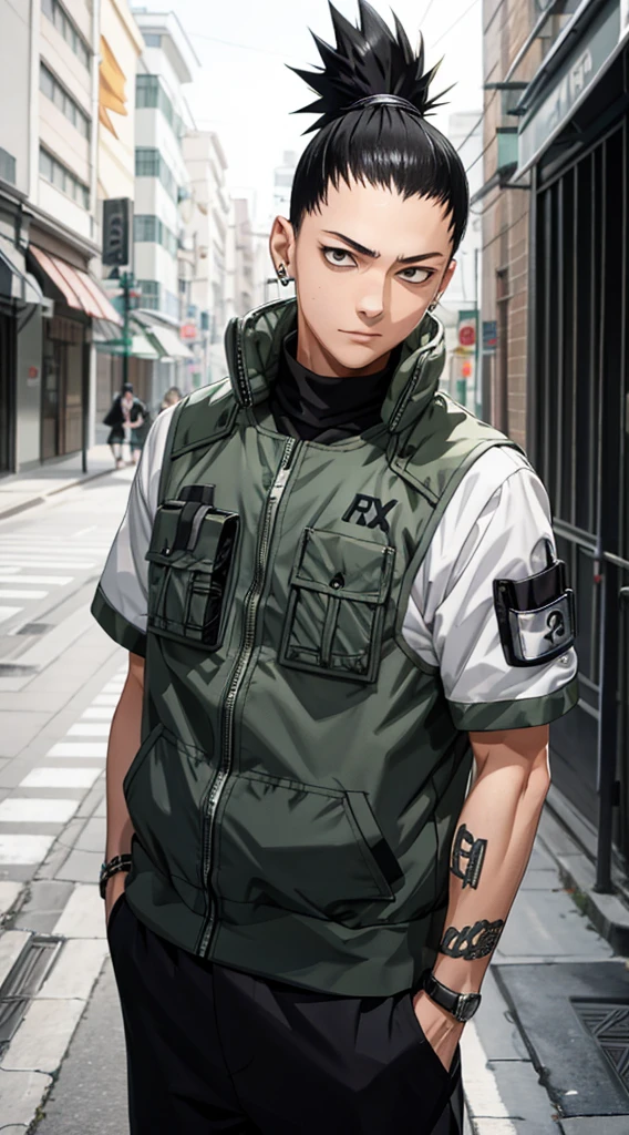 Masterpiece, 1boy, Superb Style, Urban Streetwear chothes, Outdoor, Upper Body, Shikamaru nara, bright eyes, black hair, cool boy