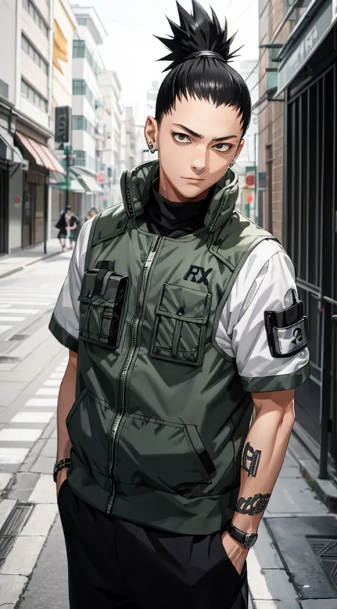 Masterpiece, 1boy, Superb Style, Urban Streetwear chothes, Outdoor, Upper Body, Shikamaru nara, bright eyes, black hair, cool bo...