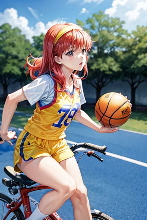fujisaki shiori, yellow hairband, rides a bicycle, basketball uniform, short shorts,