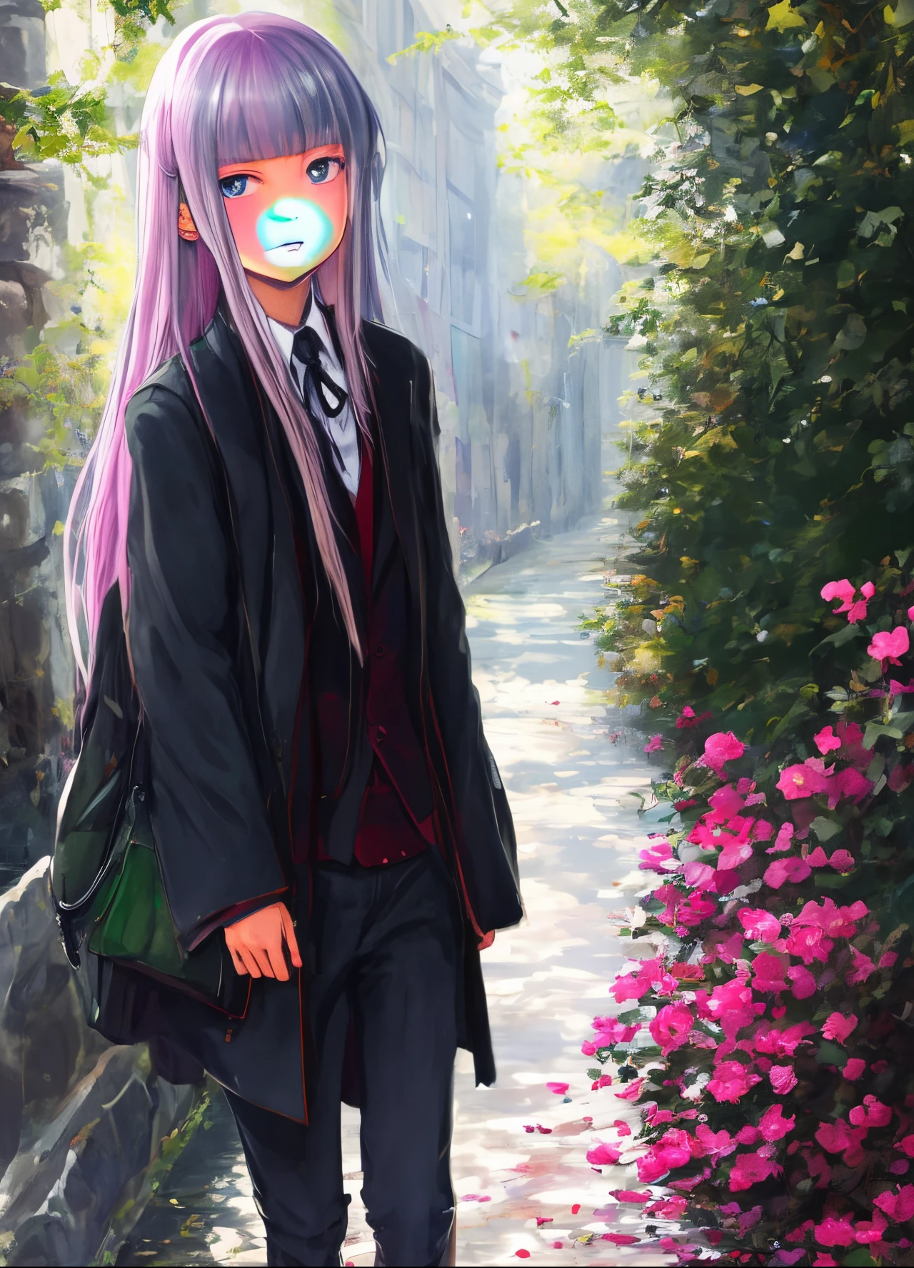 Anime girl with gummy gummy in mouth walking down a path - SeaArt AI