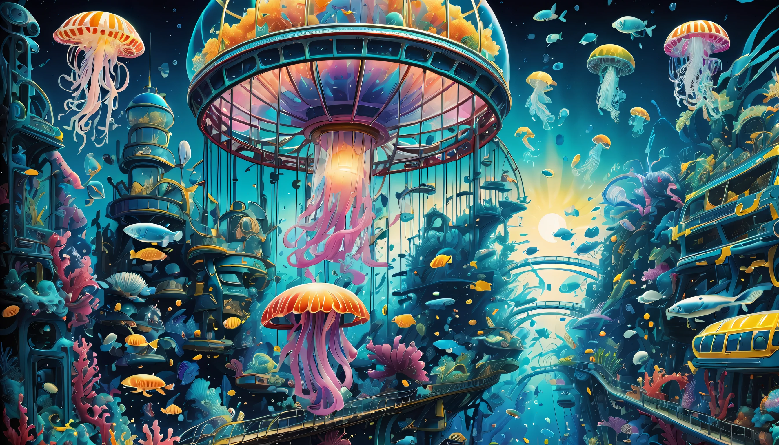 very detailed gouache painting, (((deep sea futuristic_theme_A park integrated with an aquarium with extremely detailed gouache illustrations:1.4))), (((futuristic intricate details_underwater futuristic_SF_roller_coaster and ferris wheel_Wheel:1.4))), (((See breathtaking pop spectacles_color jellyfish street_light:1.3))), Its fantastic brilliance is captured in amazing detail.、Brought to life with unparalleled skill and craftsmanship。. Intricate details and textures in silver and gold metallics, Adorable expression, (((A true masterpiece of the highest quality:1.4))), Cool and cute, enjoy sculpture, Showcasing the artist&#39;s skillful brushwork. The artist&#39;s skillful brushwork was demonstrated, Intricate details, complex brush strokes, insane handwriting, Fine brushstrokes, (((High quality with high transparency:1.3))), (((highest quality render:1.3))), (((Everything comes into sharp focus:1.3))), Images that exude an otherworldly aura, (((Great addition digital painting:1.3))), (((Radiosity rendered in astonishing 32K resolution:1.4))), Highest Quality, hightquality, Highest Quality Masterpiece, Visually appealing and appealing images, Best possible quality, Everything in focus is sharp, extravagant wishes, The contour lines created give off an amazingly beautiful shine., breathtakingly complex and elaborate, Imagine a visually striking illustration, (((Intricate details effortlessly blend fantasy and reality:1.5))),