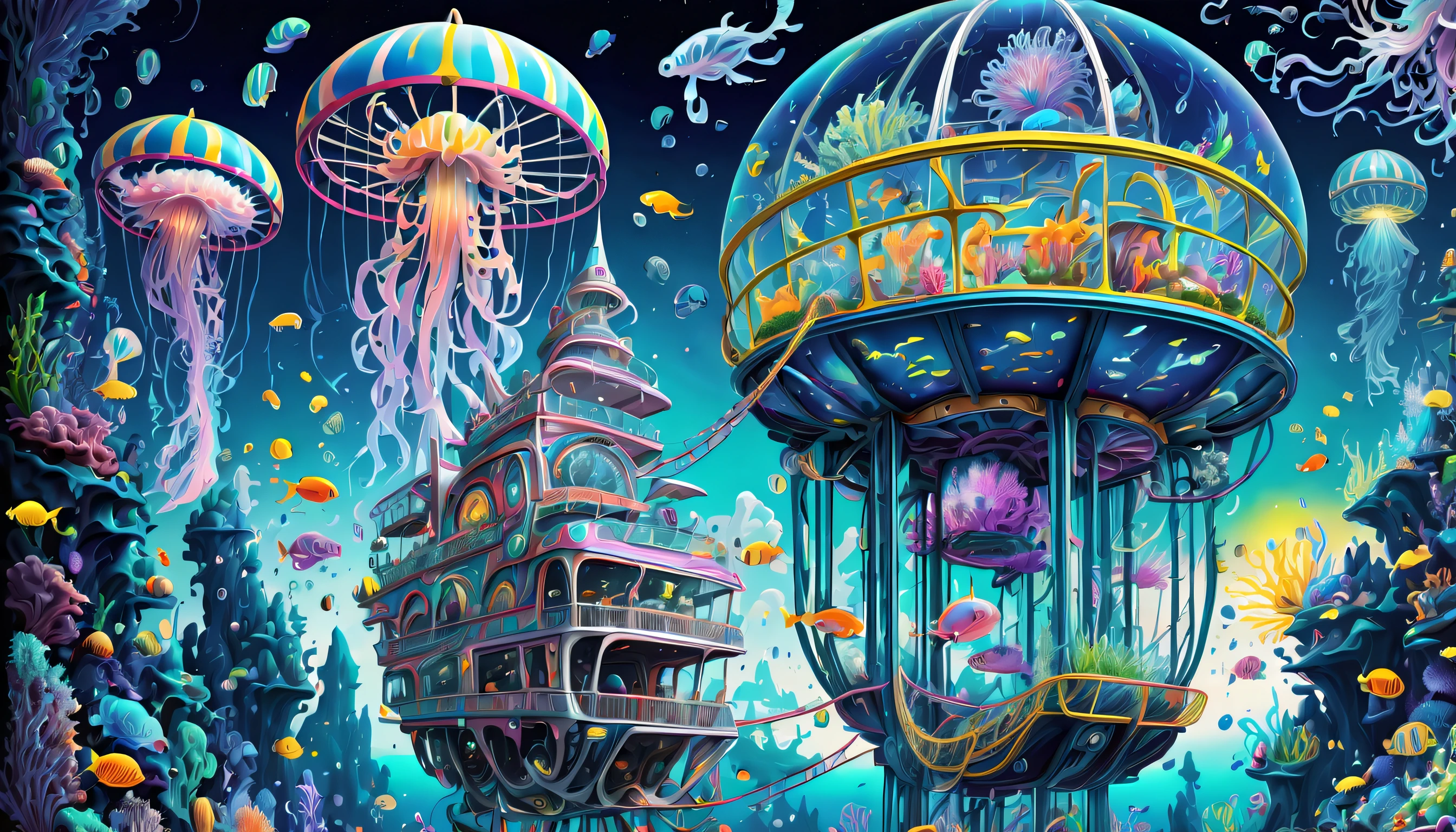 very detailed gouache painting, (((deep sea futuristic_theme_A park integrated with an aquarium with extremely detailed gouache illustrations:1.4))), (((futuristic intricate details_underwater futuristic_SF_roller_coaster and ferris wheel_Wheel:1.4))), (((See breathtaking pop spectacles_color jellyfish street_light:1.3))), Its fantastic brilliance is captured in amazing detail.、Brought to life with unparalleled skill and craftsmanship。. Intricate details and textures in silver and gold metallics, Adorable expression, (((A true masterpiece of the highest quality:1.4))), Cool and cute, enjoy sculpture, Showcasing the artist&#39;s skillful brushwork. The artist&#39;s skillful brushwork was demonstrated, Intricate details, complex brush strokes, insane handwriting, Fine brushstrokes, (((High quality with high transparency:1.3))), (((highest quality render:1.3))), (((Everything comes into sharp focus:1.3))), Images that exude an otherworldly aura, (((Great addition digital painting:1.3))), (((Radiosity rendered in astonishing 32K resolution:1.4))), Highest Quality, hightquality, Highest Quality Masterpiece, Visually appealing and appealing images, Best possible quality, Everything in focus is sharp, extravagant wishes, The contour lines created give off an amazingly beautiful shine., breathtakingly complex and elaborate, Imagine a visually striking illustration, (((Intricate details effortlessly blend fantasy and reality:1.5))),