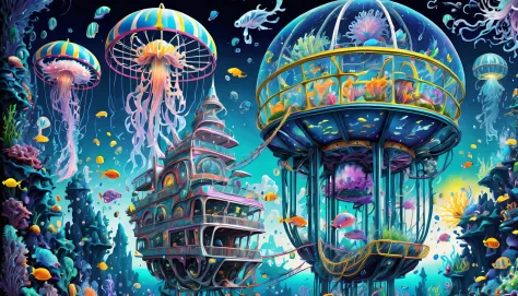 very detailed gouache painting, (((deep sea futuristic_theme_A park integrated with an aquarium with extremely detailed gouache ...