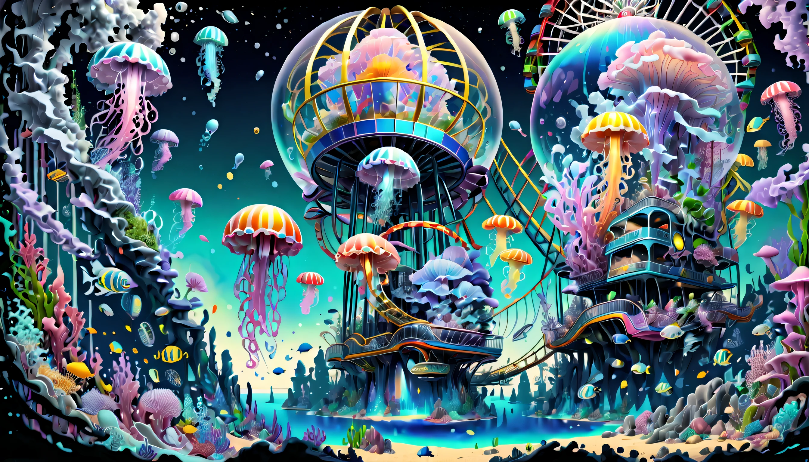 very detailed gouache painting, (((deep sea futuristic_theme_A park integrated with an aquarium with extremely detailed gouache illustrations:1.4))), (((futuristic intricate details_underwater futuristic_SF_roller_coaster and ferris wheel_Wheel:1.4))), (((See breathtaking pop spectacles_color jellyfish street_light:1.3))), Its fantastic brilliance is captured in amazing detail.、Brought to life with unparalleled skill and craftsmanship。. Intricate details and textures in silver and gold metallics, Adorable expression, (((A true masterpiece of the highest quality:1.4))), Cool and cute, enjoy sculpture, Showcasing the artist&#39;s skillful brushwork. The artist&#39;s skillful brushwork was demonstrated, Intricate details, complex brush strokes, insane handwriting, Fine brushstrokes, (((High quality with high transparency:1.3))), (((highest quality render:1.3))), (((Everything comes into sharp focus:1.3))), Images that exude an otherworldly aura, (((Great addition digital painting:1.3))), (((Radiosity rendered in astonishing 32K resolution:1.4))), Highest Quality, hightquality, Highest Quality Masterpiece, Visually appealing and appealing images, Best possible quality, Everything in focus is sharp, extravagant wishes, The contour lines created give off an amazingly beautiful shine., breathtakingly complex and elaborate, Imagine a visually striking illustration, (((Intricate details effortlessly blend fantasy and reality:1.5))),