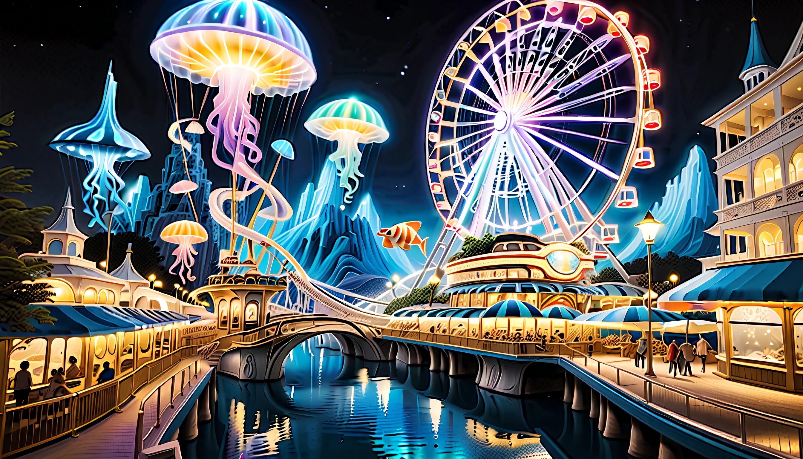 very detailed gouache painting, (((deep sea futuristic_theme_A park integrated with an aquarium with extremely detailed gouache illustrations:1.4))), (((futuristic intricate details_underwater futuristic_SF_roller_coaster and ferris wheel_Wheel:1.4))), (((See breathtaking pop spectacles_color jellyfish street_light:1.3))), Its fantastic brilliance is captured in amazing detail.、Brought to life with unparalleled skill and craftsmanship。. Intricate details and textures in silver and gold metallics, Adorable expression, (((A true masterpiece of the highest quality:1.4))), Cool and cute, enjoy sculpture, Showcasing the artist&#39;s skillful brushwork. The artist&#39;s skillful brushwork was demonstrated, Intricate details, complex brush strokes, insane handwriting, Fine brushstrokes, (((High quality with high transparency:1.3))), (((highest quality render:1.3))), (((Everything comes into sharp focus:1.3))), Images that exude an otherworldly aura, (((Great addition digital painting:1.3))), (((Radiosity rendered in astonishing 32K resolution:1.4))), Highest Quality, hightquality, Highest Quality Masterpiece, Visually appealing and appealing images, Best possible quality, Everything in focus is sharp, extravagant wishes, The contour lines created give off an amazingly beautiful shine., breathtakingly complex and elaborate, Imagine a visually striking illustration, (((Intricate details effortlessly blend fantasy and reality:1.5))),