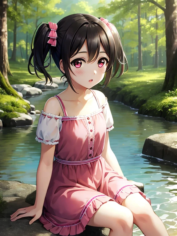 girl, solo, masterpiece, best quality, 8k, high resolution, sitting on the water, pink dress, pink sun dress, in the forest, , yazawa nico, twintails, short hair, black hair, red eyes, small breast, highly detailed face, highly detailed eyes, highly detailed background, perfect
