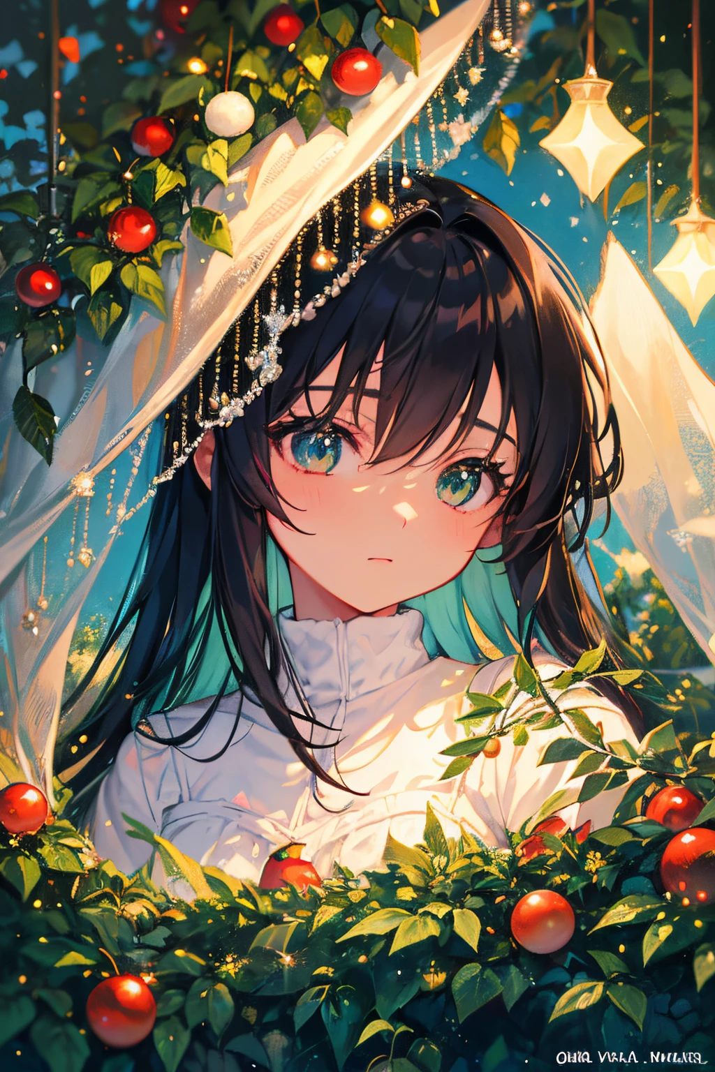 Create exquisite illustrations reminiscent of Makoto Shinkai's style, It has ultra-fine details and top-notch quality. Creating an illustration where every tree in the forest is adorned with Christmas decorations. A girl explores the forest surrounded by numerous Christmas trees. The scene aims for an overall fantastical, nostalgic, and finely detailed artwork. The goal is to capture the magical and heartwarming essence of Christmas in a high-quality illustration