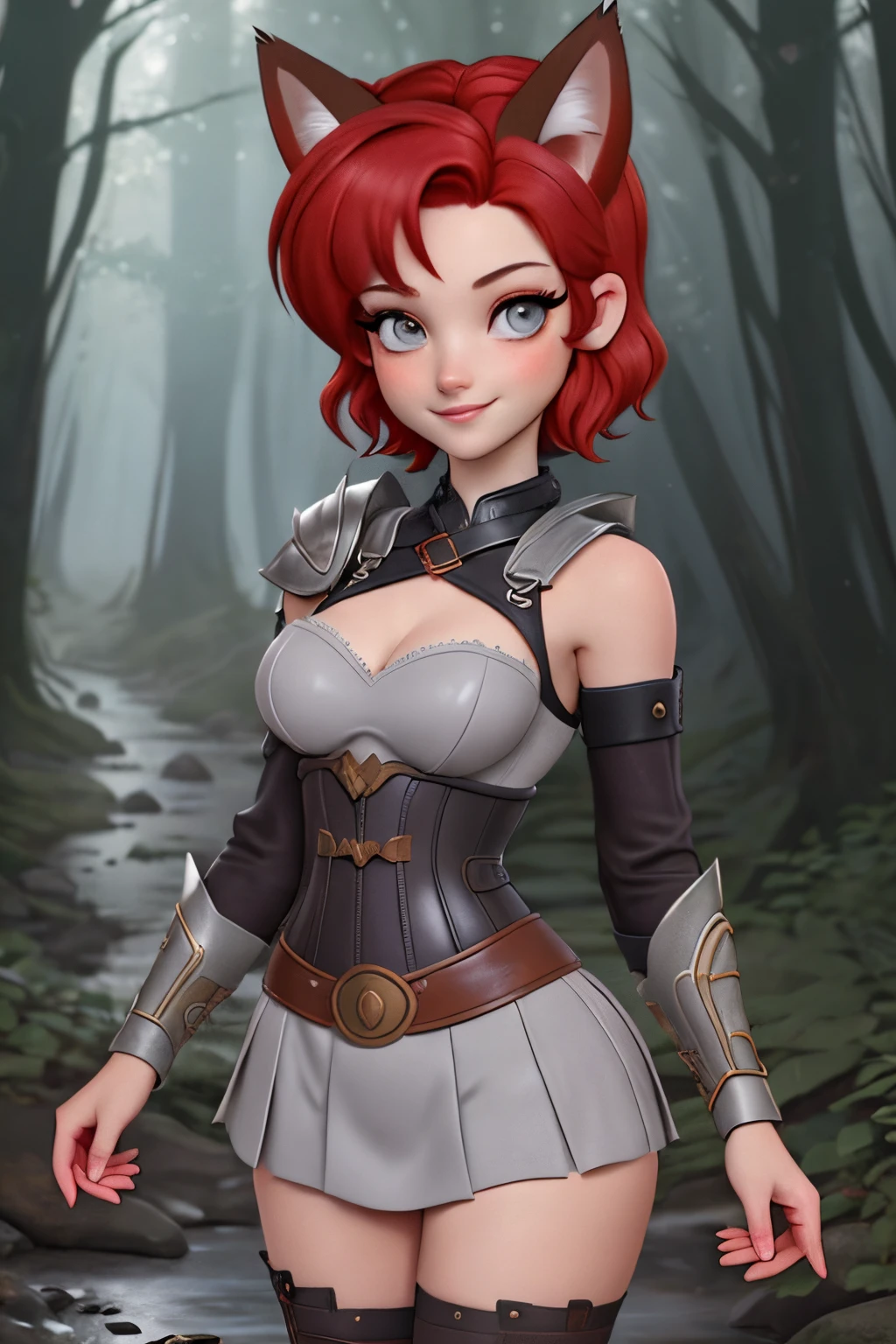 close up 1girl in, teenager, Solo, (undercut red hair: 1.28), ((light gray eyes)),  some small freckles, (dark fox ears:1.35), pale skin, medium breasts, cleavage, (thin hips, thin waist: 1.25), (arched back:1.12), detailed skin, mischievous face, shy smile, revealing clothes, (wearing Xena roman armor, leather skirt, corset armored:  1.1), looking at viewer, (groping chest: 1.34), (sexy pose: 1.22), (detailed magical forest background:1.1), creek, overlooking opening in forest, relaxing, 4k textures, soft light, elegant, highly detailed, sharp focus, soothing tones, insane details, intricate details, hyperdetailed, low contrast, exposure blend, hdr, faded