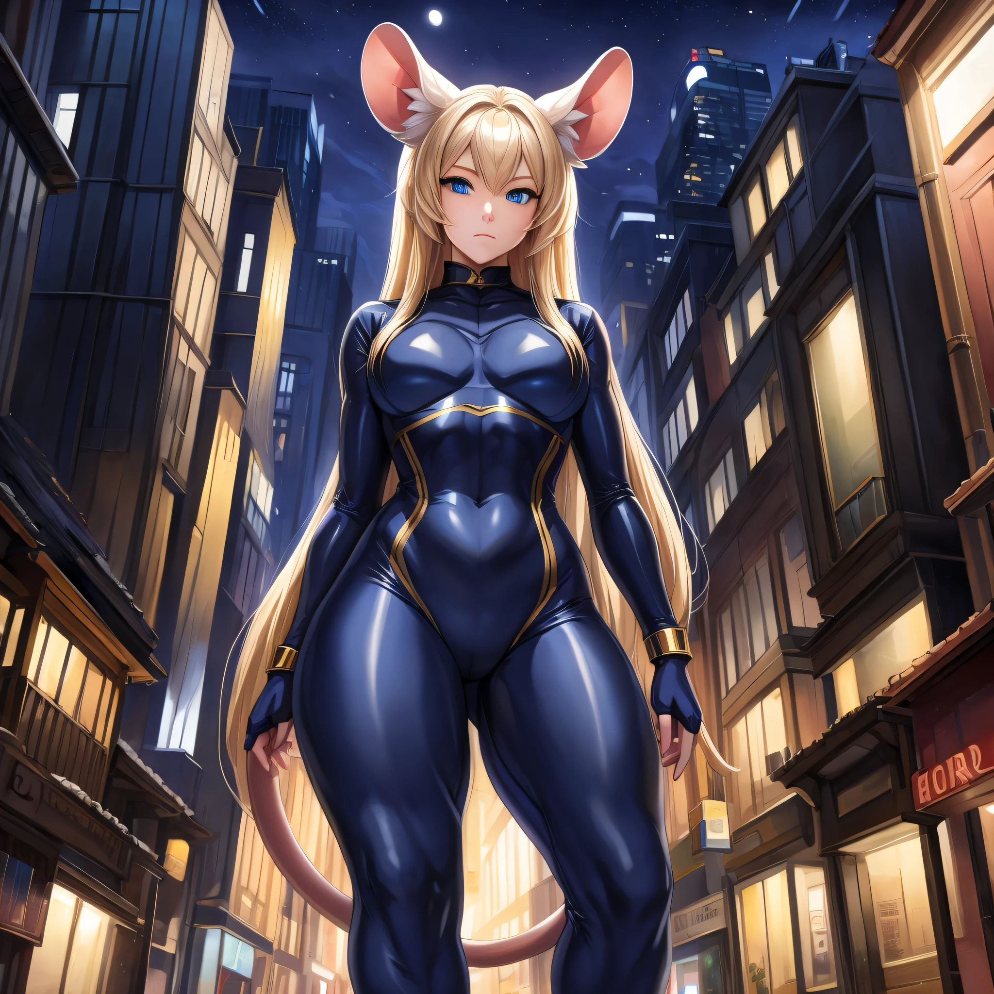 (Masterpiece) (High Detail) (High Res) A humanoid girl giantess with pale skin and long blonde hair and blue eyes and fluffy mouse ears and a thin mouse tail is walking down a city street at night and is taller than the buildings. She is leaning against the roof of a house. She is wearing a navy blue spandex body suit with gold trim and is looming over the viewer. Night time.