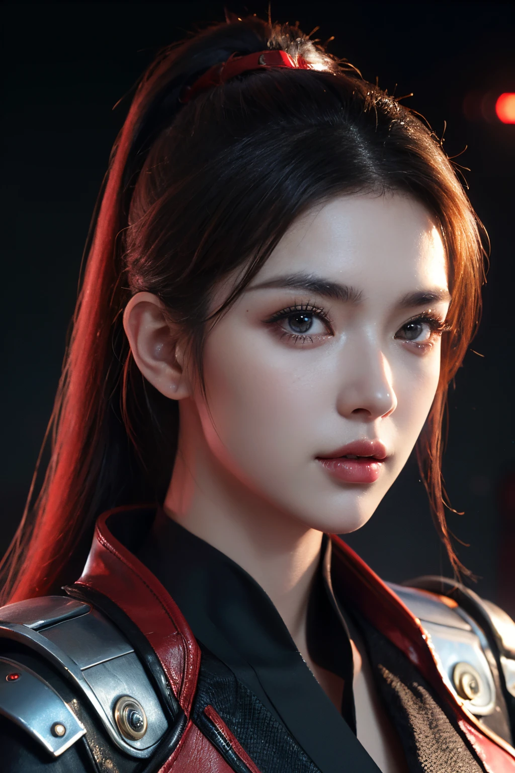 tmasterpiece,Best quality at best,A high resolution,8K,(portrait),(Close up of avatar),(RAW photogr),real photograph,digital photography,(Police officers wearing military uniforms and cyberpunk costumes),20岁女孩,Long ponytail hairstyle,with long bangs,(Black and red gradient hair),Red eyes,A plump chest,cleavage,Elegant and serious,Dressed in military uniform,metal decoration,Intricate decoration,realistic setting,police uniforms,Keep your mouth shut,Redlip,adorable captivating,warriors,Photo pose,cyber punk perssonage,scifi style,White room,oc render reflection texture