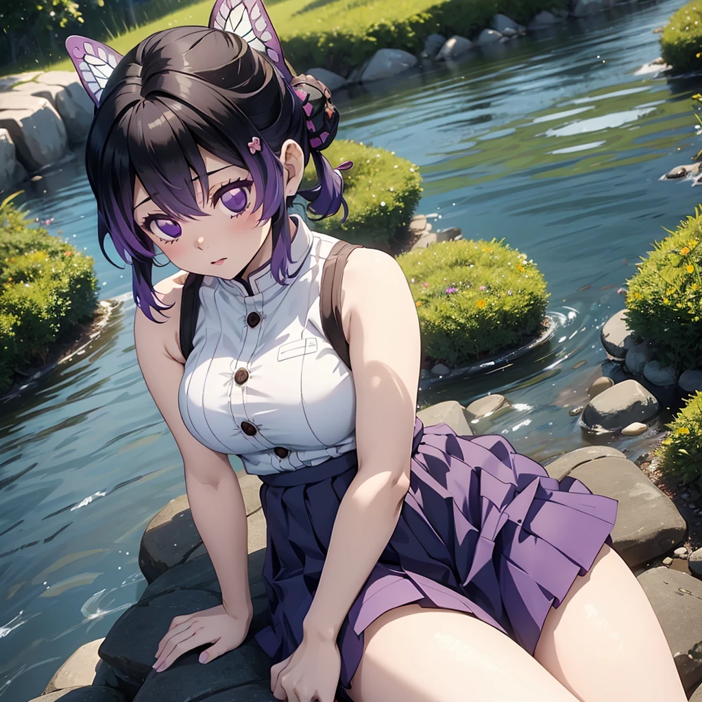 Kochou Shinobu, 1girl,masterpiece, multicolored hair,sleeveless, purple eyes, wearing blue skirt, white t shirt, school uniform , blushing, , multiple butterflies, , river, sitting beside river, legs in river , perfect lighting, highest quality, hands behind, thick thighs, large breasts, big cleavage, highest quality, high resolution.