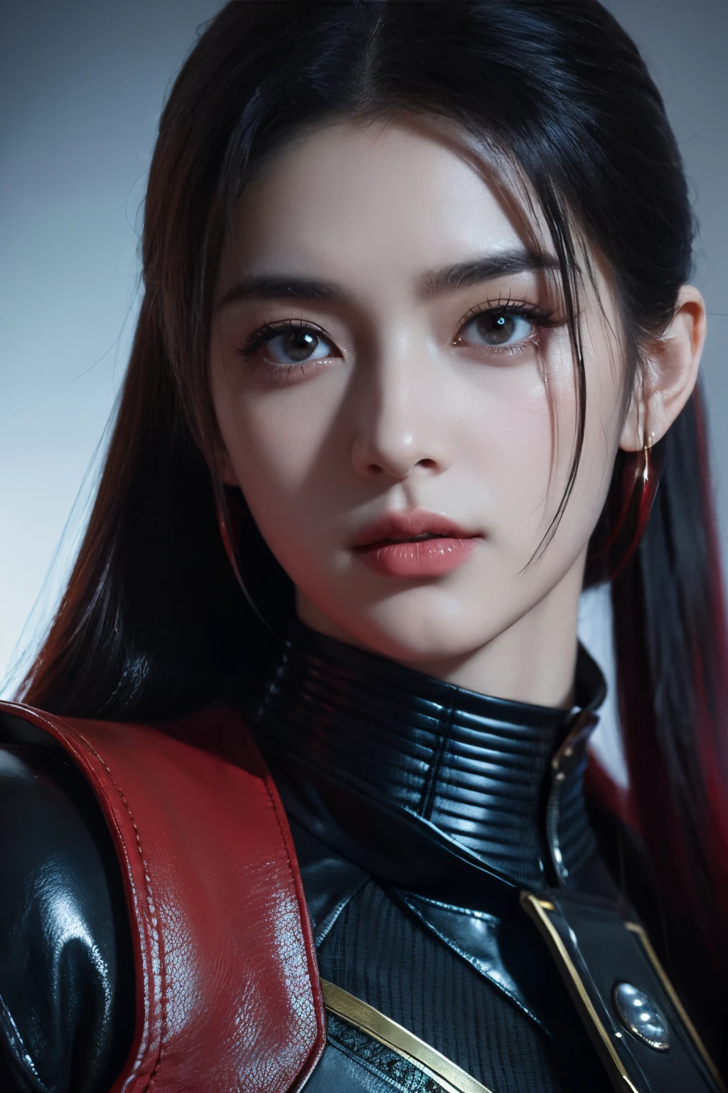 tmasterpiece,Best quality at best,A high resolution,8K,(portrait),(Close up of avatar),(RAW photogr),real photograph,digital photography,(Police officers wearing military uniforms and cyberpunk costumes),20-year-old girl,Long ponytail hairstyle,with long bangs,(Black and red gradient hair),Red eyes,A plump chest,cleavage,Elegant and serious,Dressed in military uniform,metal decoration,Intricate decoration,realistic setting,police uniforms,Keep your mouth shut,Redlip,adorable captivating,warriors,Photo pose,cyber punk perssonage,scifi style,White room,oc render reflection texture