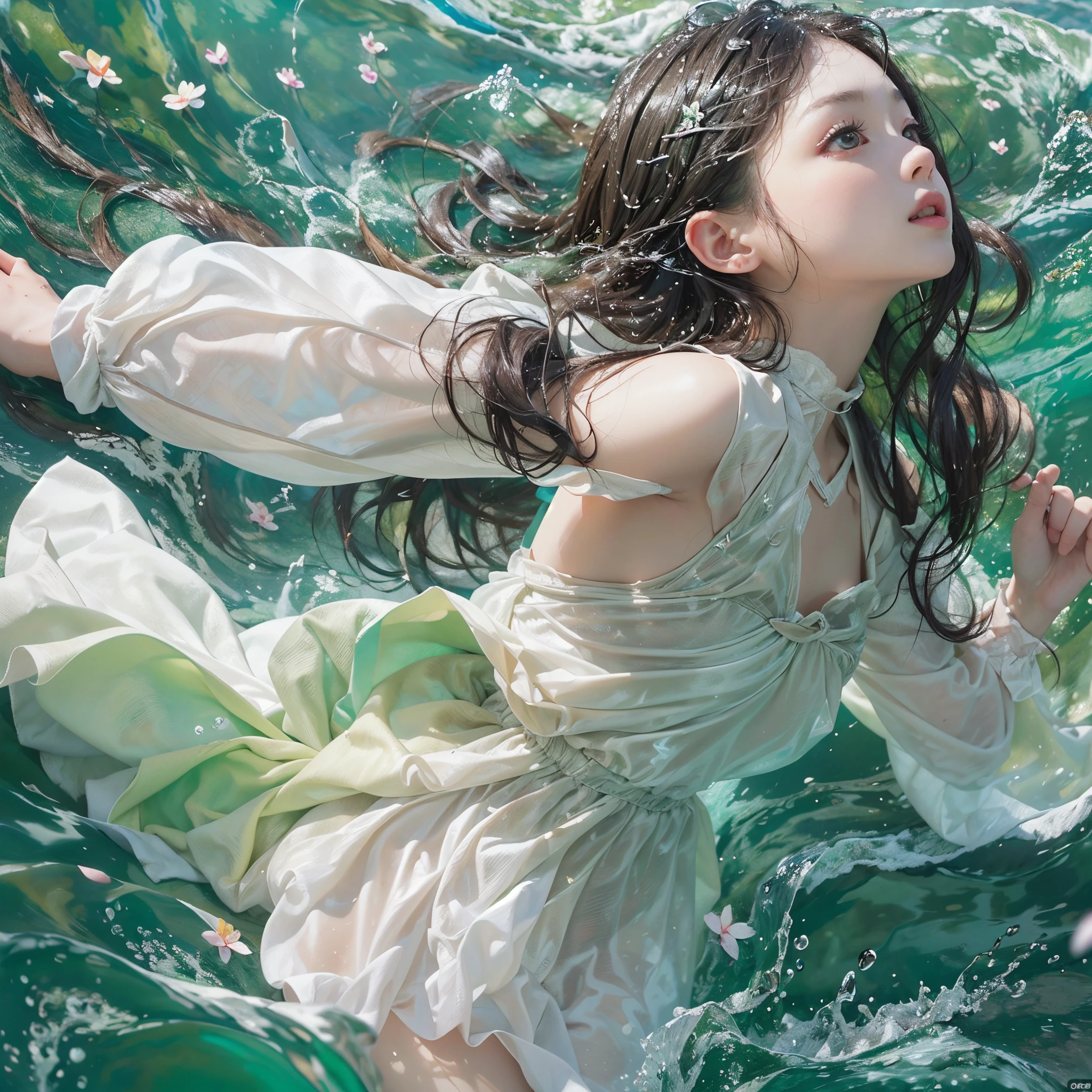 (8K, Original photography, Top image quality, masterpiece: 1.4), hyper HD, (Realistic, Reality: 1.48), realisticlying, A high resolution, softlighting. Tiny Girls, girl jumping into the water、Falling、splash water、shout、Luminous water surface、White and Vivid colors, back lighting, glistening ivory skin, sparkling highlights, Detailed KAWAII face with cute lips, long eyelashes, Delicate clothes, Detailed open crotch, ((no extra limbs, corrected limbs)), Whole Body proportions and all limbs are anatomically accurate .