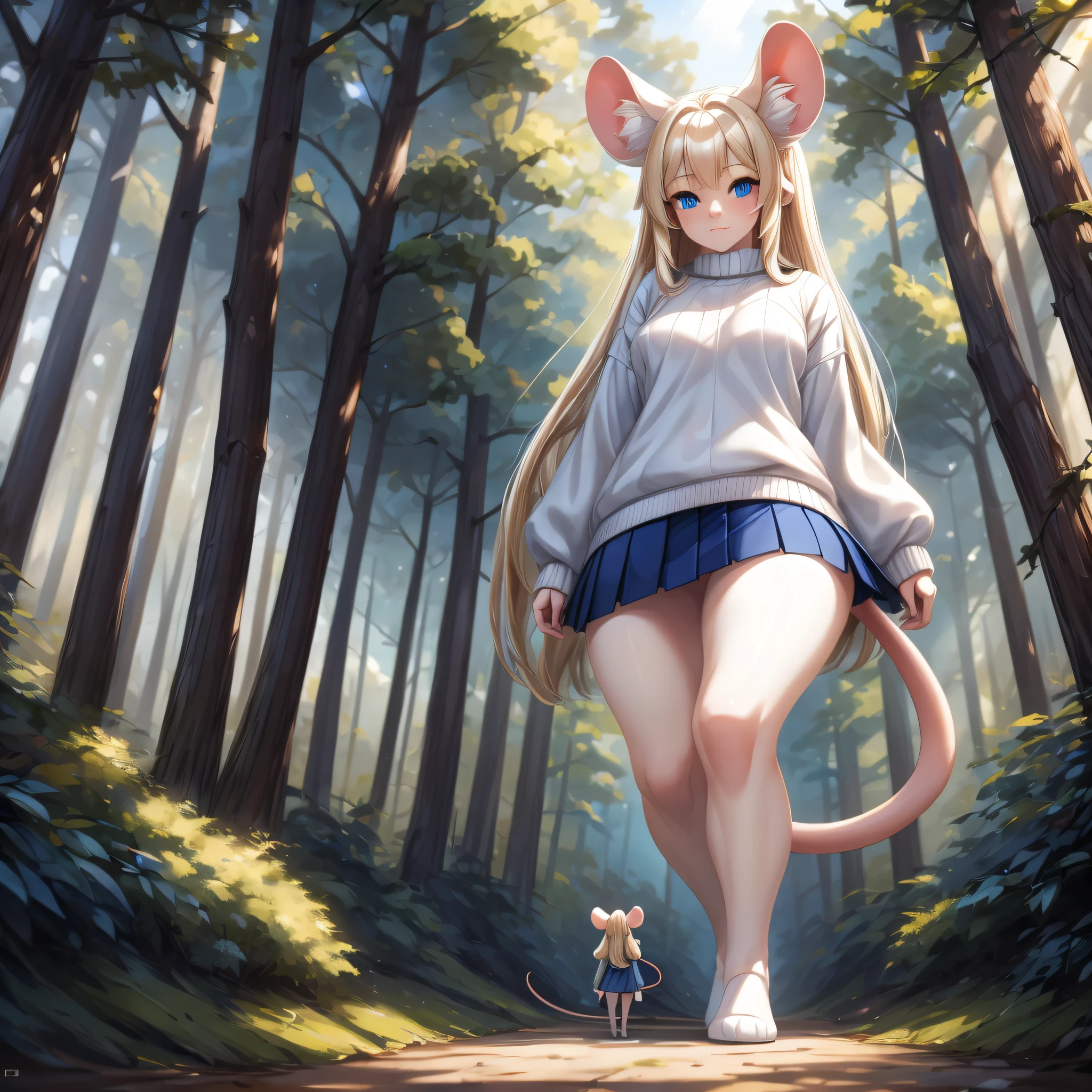 Masterpiece) (High Detail) (High Res) A humanoid girl giantess with pale skin and long blonde hair and blue eyes and fluffy mouse ears and a thin mouse tail is walking through some short trees and is taller than the trees. She is wearing a white sweater and skirt and is looming over the viewer.