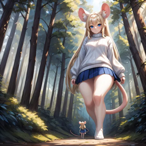 Masterpiece) (High Detail) (High Res) A humanoid girl giantess with pale skin and long blonde hair and blue eyes and fluffy mous...