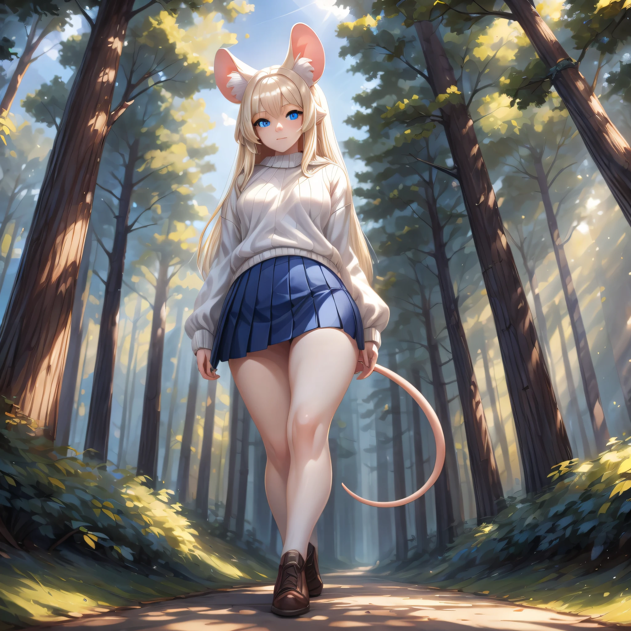 Masterpiece) (High Detail) (High Res) A humanoid girl giantess with pale skin and long blonde hair and blue eyes and fluffy mouse ears and a thin mouse tail is walking through some short trees and is taller than the trees. She is wearing a white sweater and skirt and is looming over the viewer.