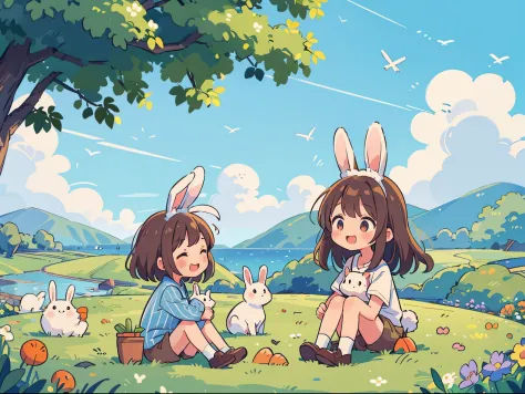2023/12/01 16:46:10 Expires after the 14th Calm and joyful scene of a girl sitting on a farm by the sea, Offer vegetables to white and gray rabbits. The girl is wearing a blue and white striped shirt, Red bow, And brown shorts. the rabbit is looking up at ...