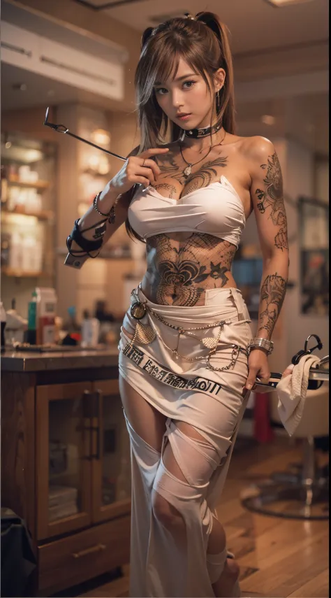 nsfw, A charismatic female hairstylist, muscular with many tattoos, working in a luxurious salon. She has a deep tan, typical of a gyaru style, and is intensely focusing on her work while holding scissors. The image should include detailed depictions of th...