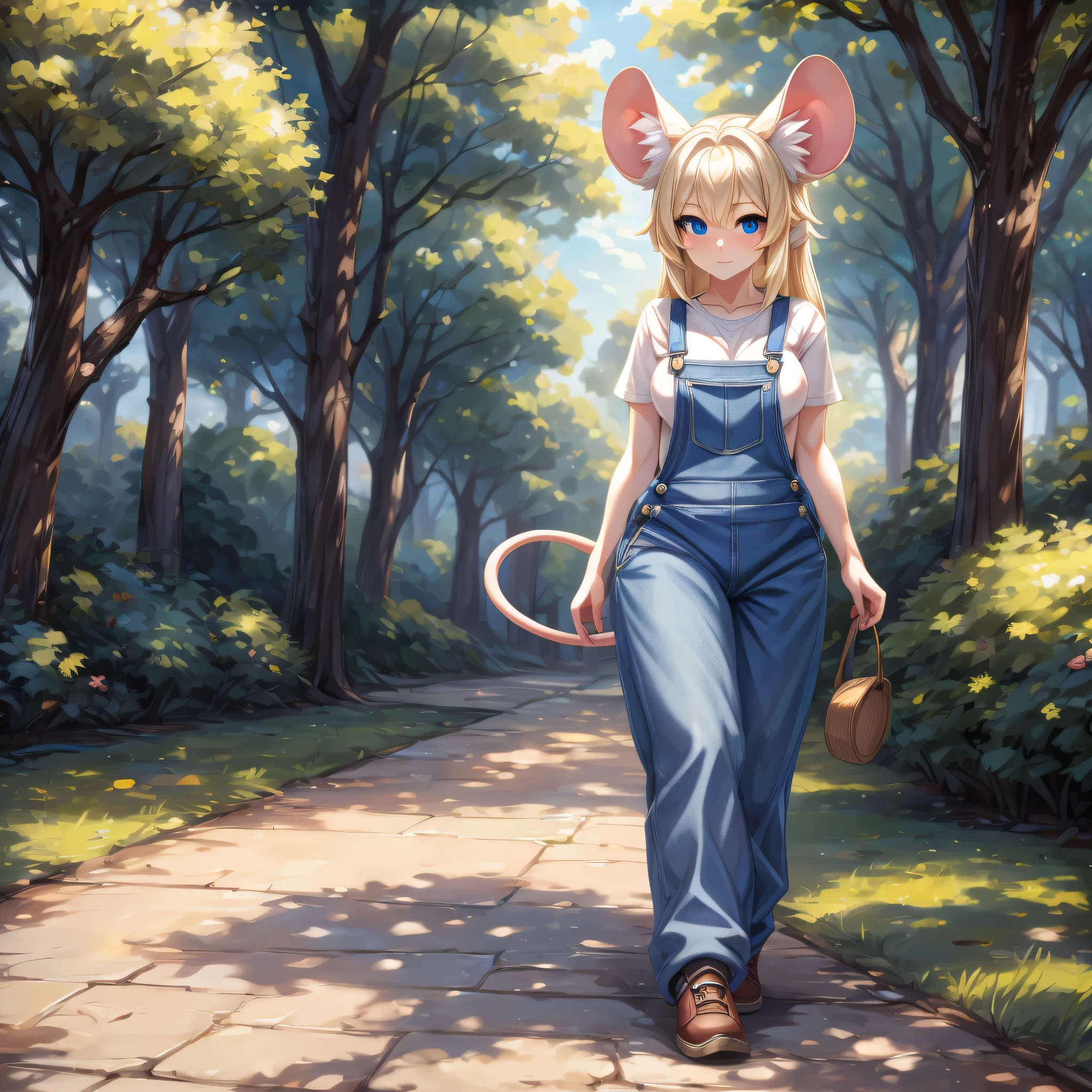 (Masterpiece) (High Detail) (High Res) A short petite humanoid girl with pale skin and long blonde hair and blue eyes and fluffy mouse ears and a thin mouse tail and average breasts is walking through the park wearing denim overalls.