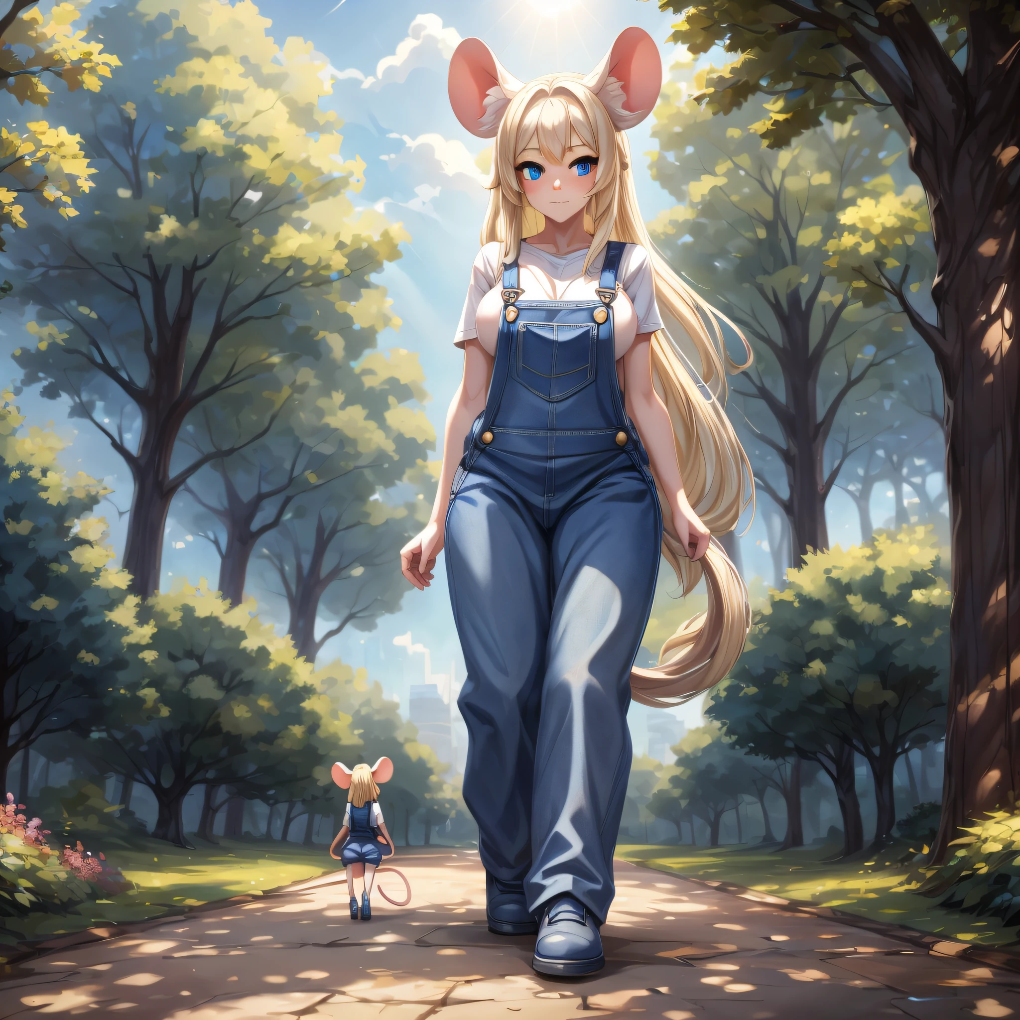 (Masterpiece) (High Detail) (High Res) A petite humanoid girl giantess with pale skin and long blonde hair and blue eyes and fluffy mouse ears and a thin mouse tail and average breasts is walking alone through the park wearing denim overalls. She is taller than the trees and is towering over the viewer.