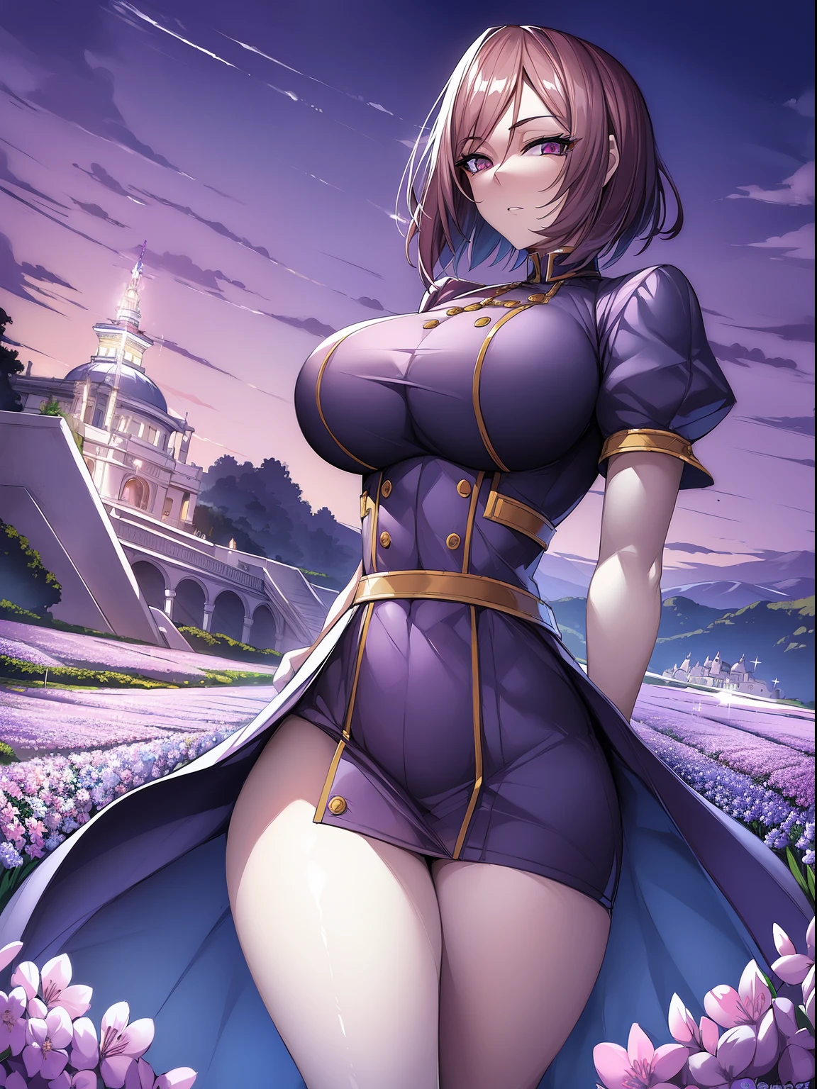 (tmasterpiece, Best Quality:1.3)
Angel of the King of Fighters, 1 girl with big, Alone, The specifics of shorthair, Lavender fields, 云, The sea of purple flowers is bright and vivid