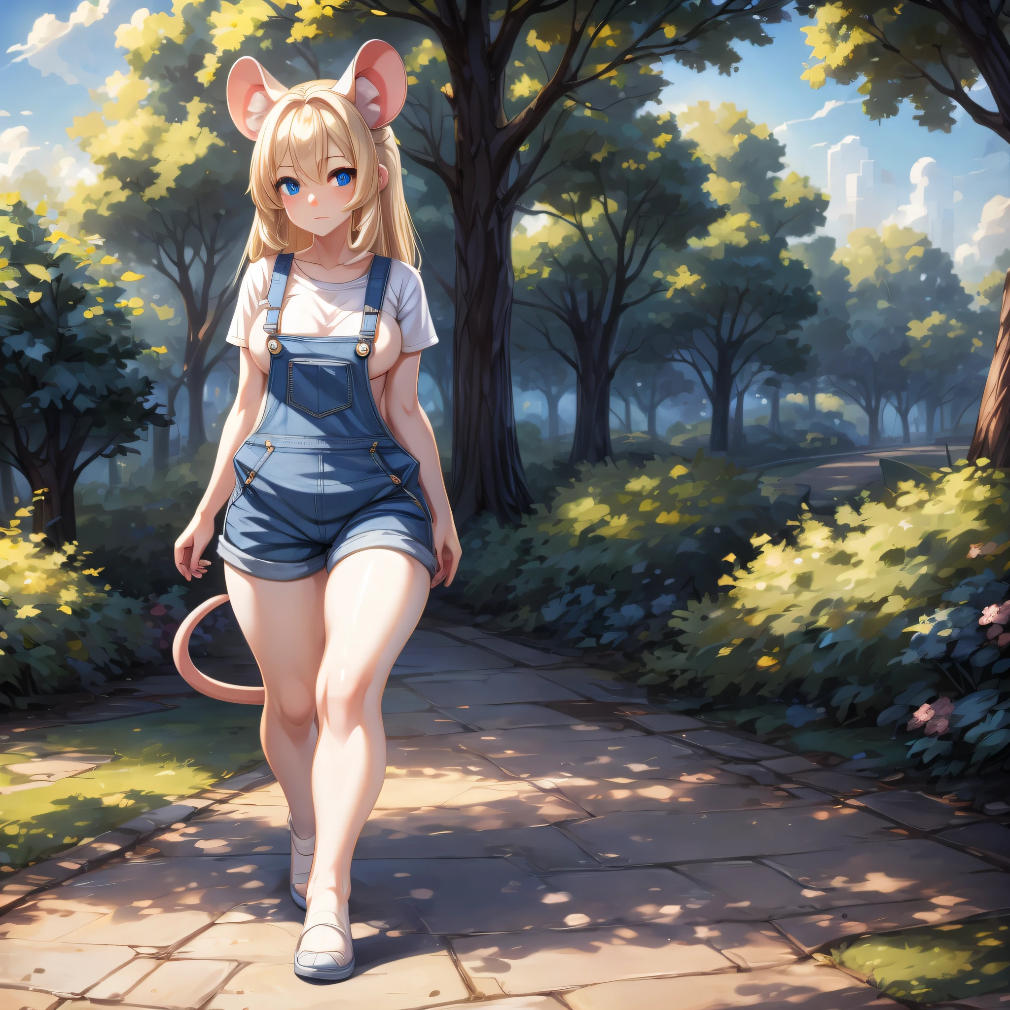 (Masterpiece) (High Detail) (High Res) A short petite humanoid girl with pale skin and long blonde hair and blue eyes and fluffy mouse ears and a thin mouse tail and average breasts is walking alone through the park wearing denim overalls.