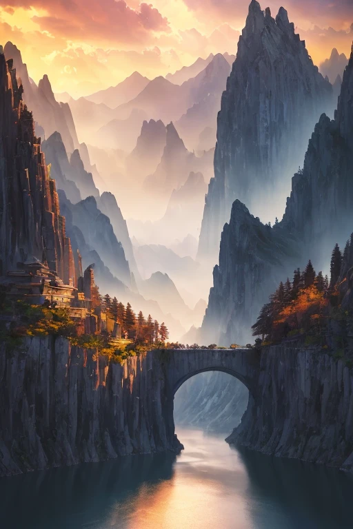 masterpiece, extremely detailed CG unity 8k wallpaper, scenery, outdoors, sky, day, no humans, mountain, landscape, water, (tree:1.2), blue sky, waterfall, cliff, nature, Mountain mist, (sunset:1.2), stone bridge on the hill, lake, river, award winning photography, HDR, extremely detailed, trending on artstation, (light_rays:1.2),(Plants cover mountains:1.2),strending on CGsociety, Intricate, dramatic, motion blur, depth of field, cinematic lighting, chiaroscuro, ray tracing, Bokeh, Depth of Field, bloom, Chromatic Aberration, Photorealistic, High Detail, award winning, best quality, best quality, high quality ,