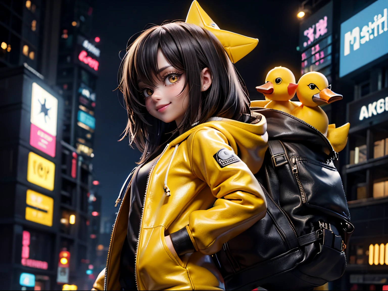 Anime girl with yellow pokemon ears and a backpack in a city - SeaArt AI