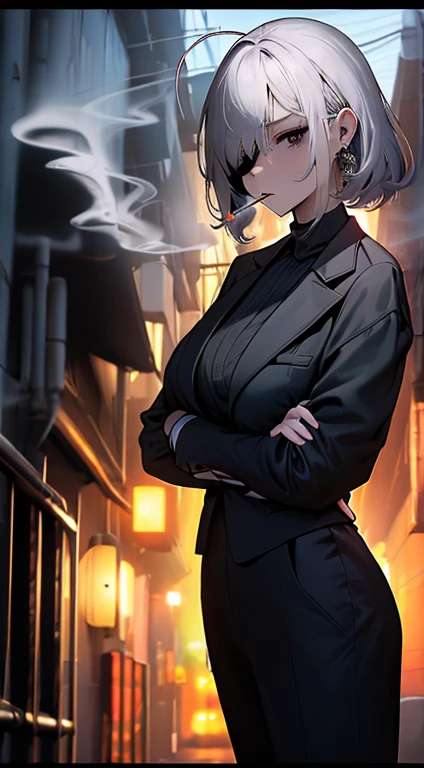 (best quality,4k,highres,masterpiece:1.2),ultra-detailed, adult Female, short white hair, black eyes, ahoge, black suit, night sky city,  on the building,crossed arms, eyepatch, smoking,