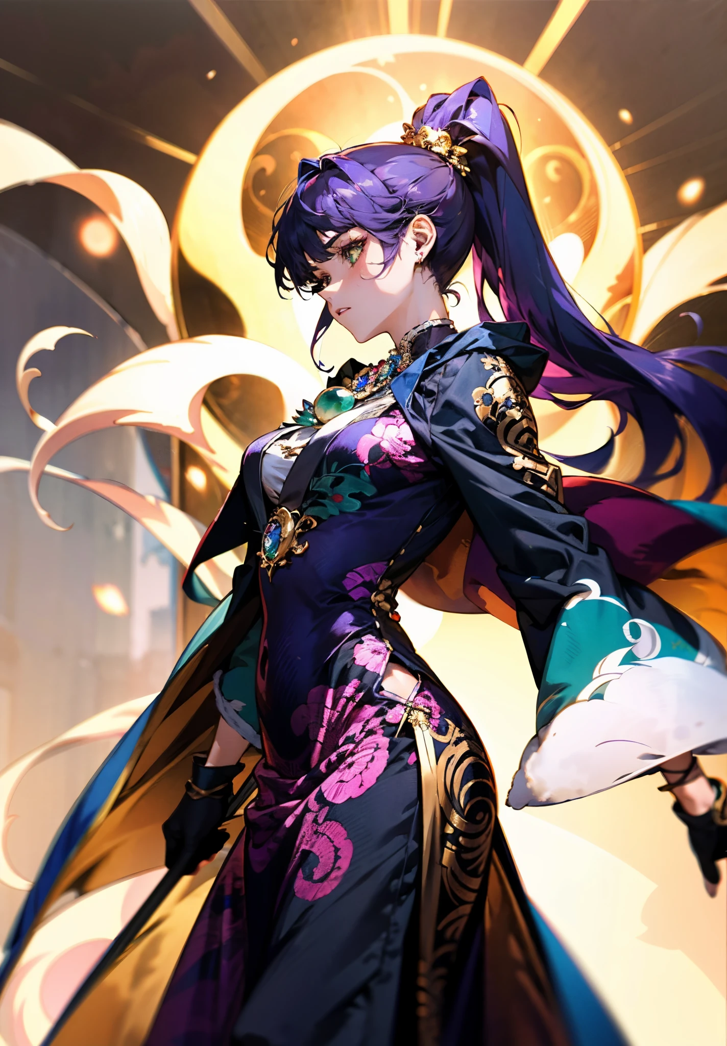 A beautiful young woman, long blue-purple hair, long bangs, ponytail, sharp gaze, a serious expression, a slender and athletic figure, a fantasy martial arts-style two-piece outfit, a fitted qipao-style long skirt, a blue-purple long cloak that almost covers her entire body, adorning her chest is an exquisite jade decorative brooch, purple mist swirls around her, a mysterious atmosphere, this character embodies a finely crafted fantasy martial arts-style female warrior in anime style, exquisite and mature manga art style, high definition, best quality, highres, ultra-detailed, ultra-fine painting, extremely delicate, professional, anatomically correct, symmetrical face, extremely detailed eyes and face, high quality eyes, creativity, RAW photo, UHD, 8k, Natural light, cinematic lighting, masterpiece-anatomy-perfect, masterpiece:1.5