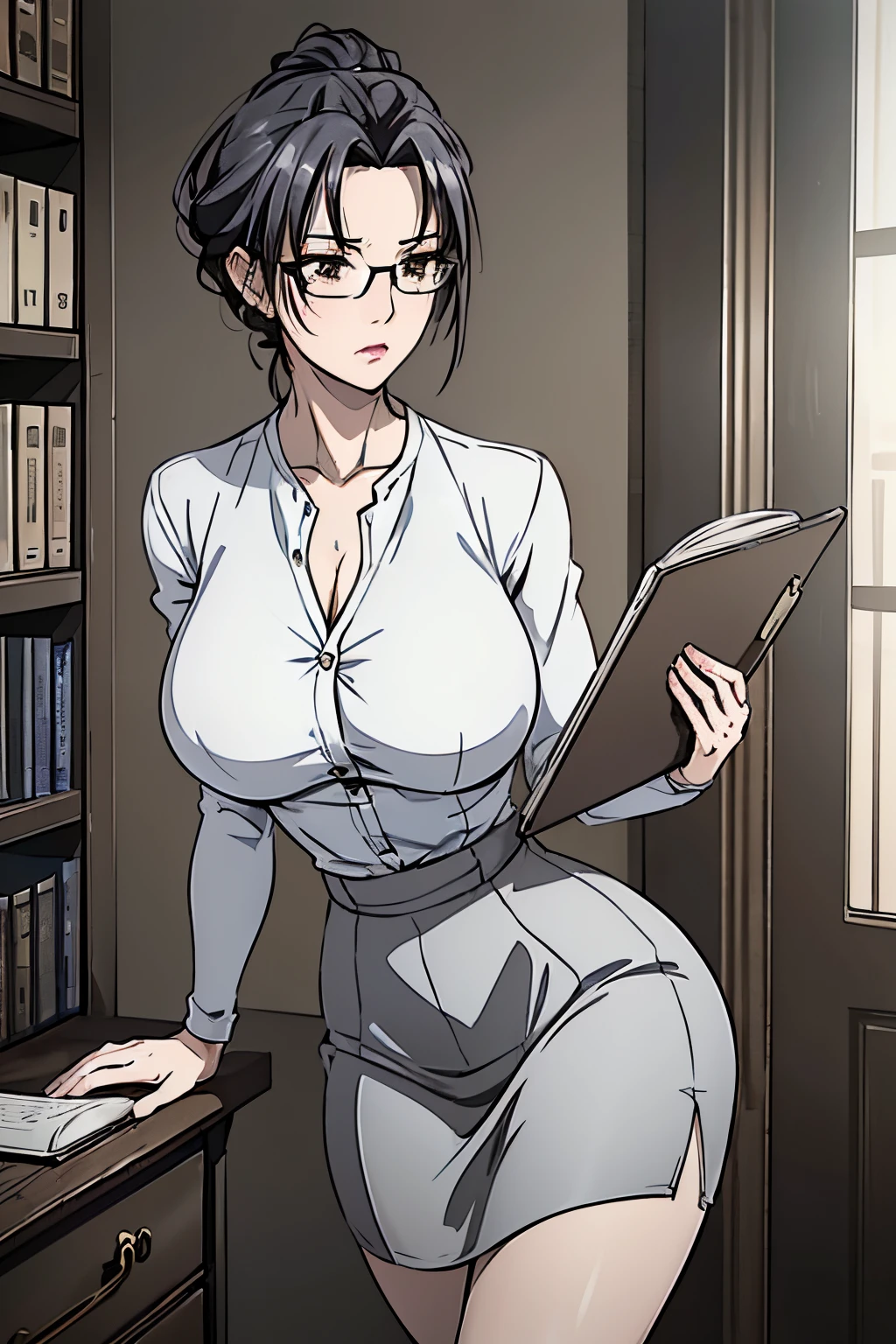 Misako, grey mini rock, white shirt, grey jacket, black stockings, high heels, adult, 35 years old, beautiful women, blue hair, office, glasses, brown eyes, beautiful brown eyes, strict gaze, serious expression,slim body, clipboard in hands, masterpiece, antique office background, bookshelves,