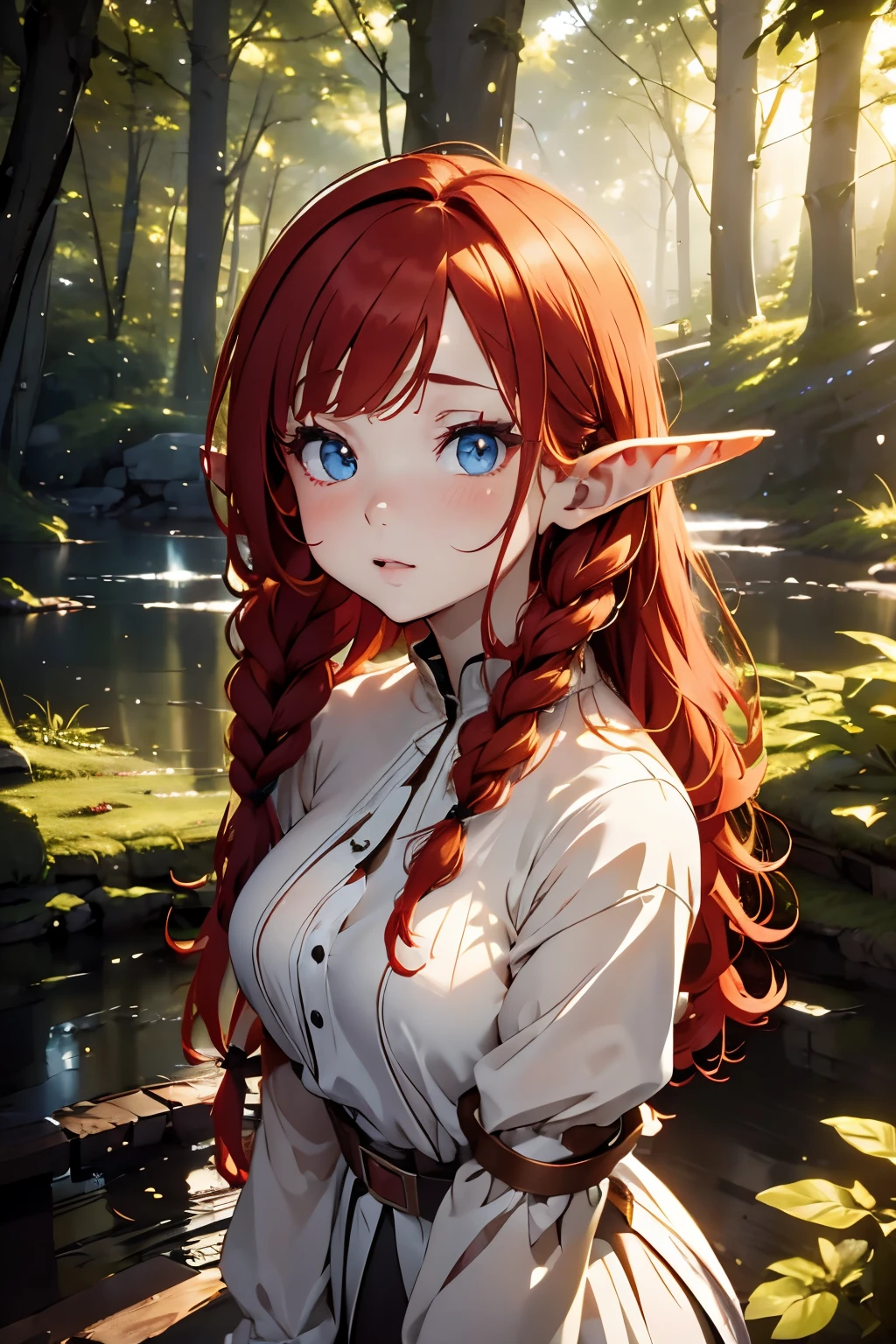 Full body portrait, forest, Night, fireflys, Beautiful Girl, redhair, Twin braids, real photo of 18 year old girl, curls,elf-ears, hitornfreckles, Unbuttoned, big neckline, White blouse, Torn dress, Nip slip, Black background, Light on Face, dream, Magical atmosphere, Cinematic lighting, embers, Fantasy, actionpose, myst, CRU photo, 8K UHD, Film grain